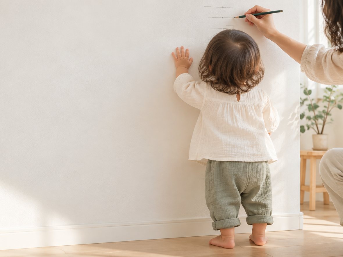 壁の前に立つ小さな子どもの背の高さに、保護者が鉛筆で印を付けている